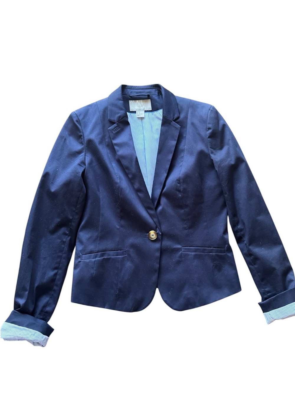 H&M Navy Single-Button Tailored Blazer with Light Blue Lining, H&M, size 38
